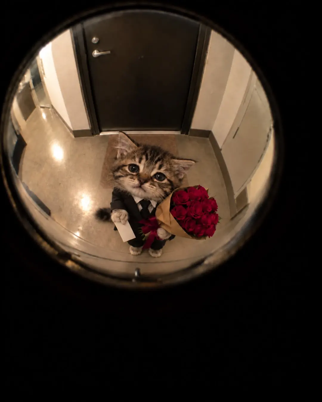 Tommie in a suit waiting with roses at the door