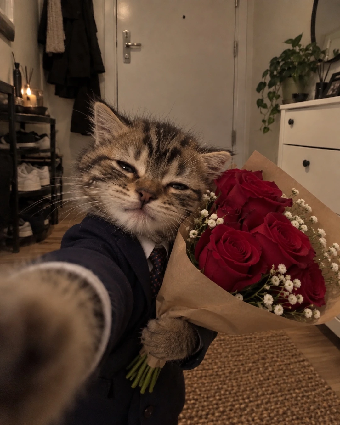 Tommie holding a bouquet in a suit